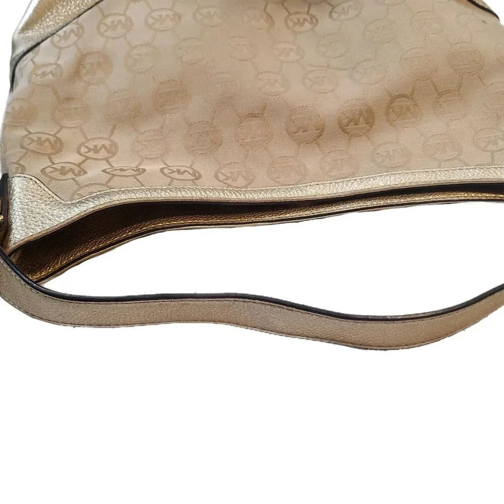 Michael Kors Signature MK Jet Set Khaki Canvas & Gold Leather Shoulder Bag VGUC